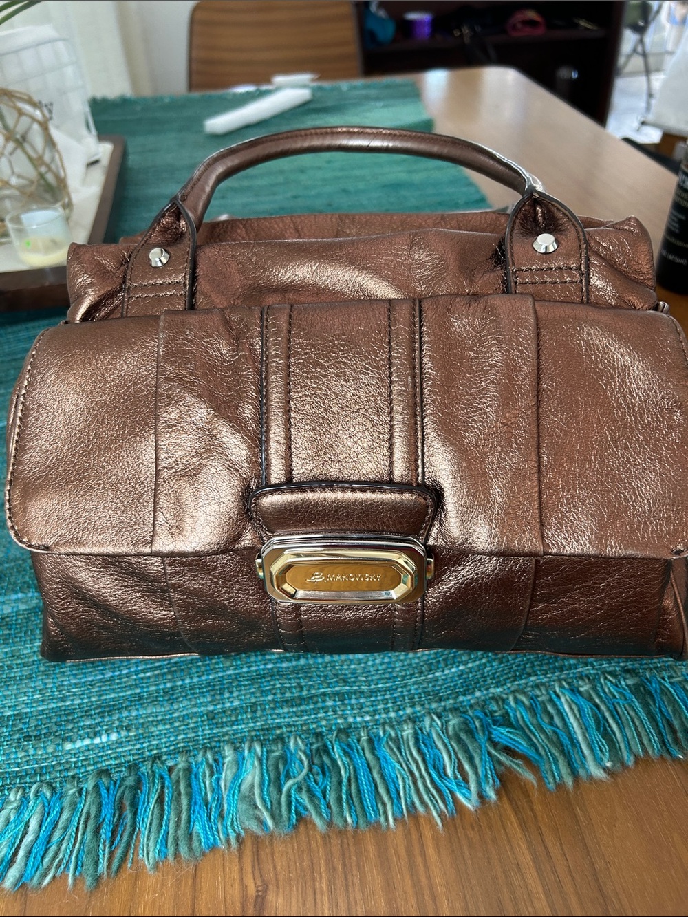 B Makowsky Metallic Bronze Satchel Handbag